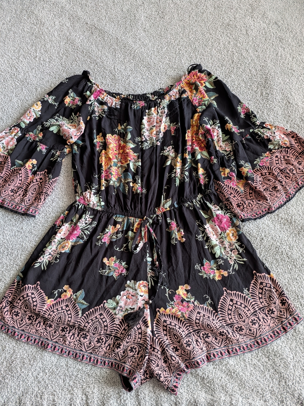 🌼B2G1🌼 Angie Black Floral Off-Shoulder Romper with Pink Accents